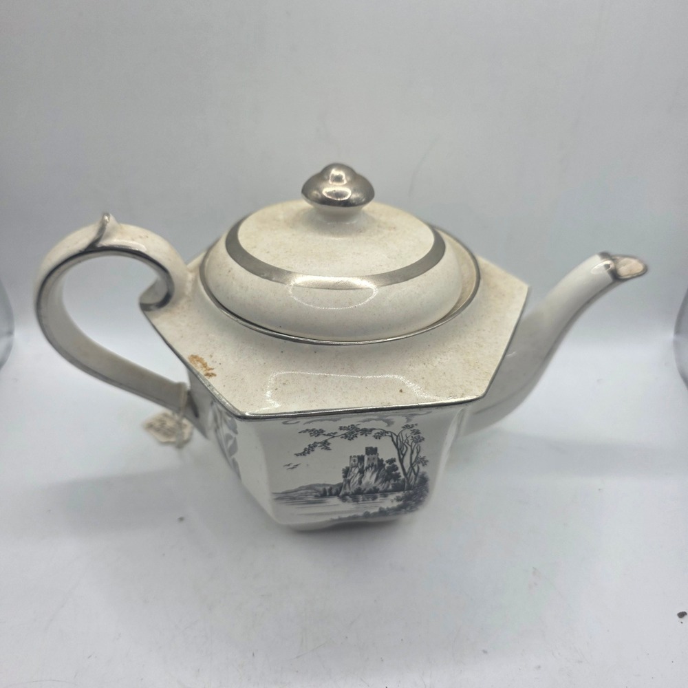 Sadler England Vintage Hexagonal Teapot Silver Lustre Castle Transferware 1841